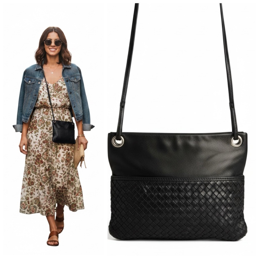 Margot Black Leather Crossbody Shoulder Bag Woven Front Pocket Zip Intrecciato